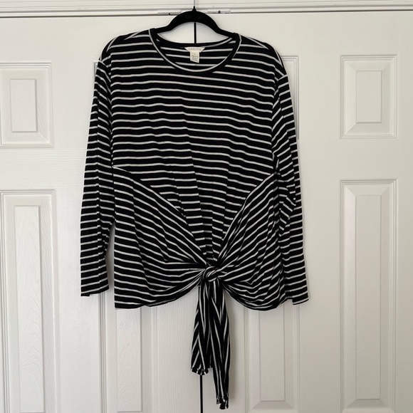 Striped Long Sleeve Tee with Tie Waist - Picture 1 of 4